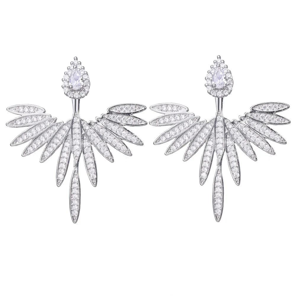 Fashion Luxury Feather Crystal Wing Symmetrical Stud Earrings Exquisite Silver Color Party Jewelry Accessories for Women-Dollar Bargains Online Shopping Australia
