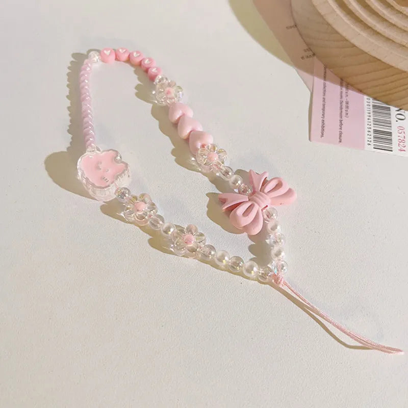 Simple Pink Bear Heart Strawberry Bowknot Flower Acrylic Imitation Pearl Beaded Phone Chain for Women Girls Sweet Accessories-Dollar Bargains Online Shopping Australia