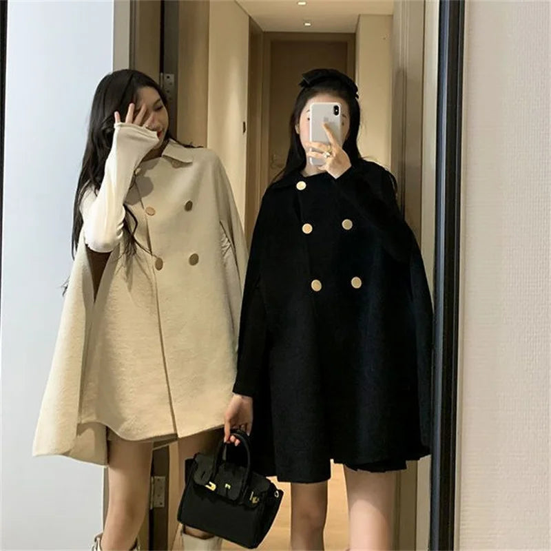 Fashion Woolen Poncho Coats for Women Autumn Winter Solid Cape Cloak Coat Loose Overcoat Female Double Breasted Lapel Jackets-Dollar Bargains Online Shopping Australia