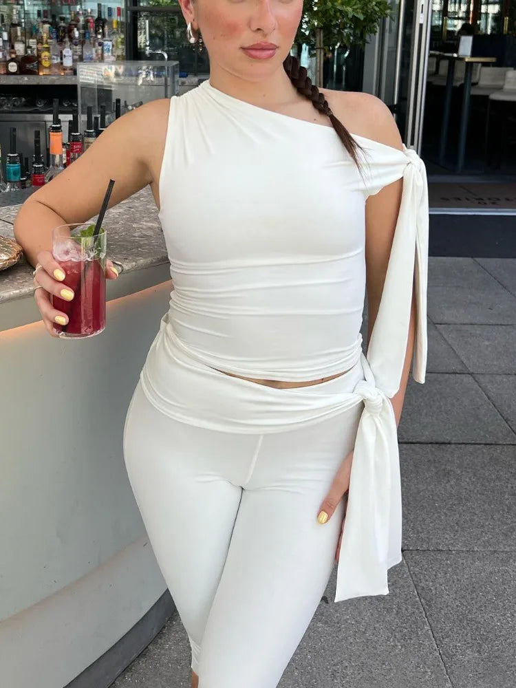 White Shorts 2 Piece-Set Female Off-Shoulder Slim Pleated Fashion Cropped Top And High Waist Shorts Sets Women's Outfits-Dollar Bargains Online Shopping Australia