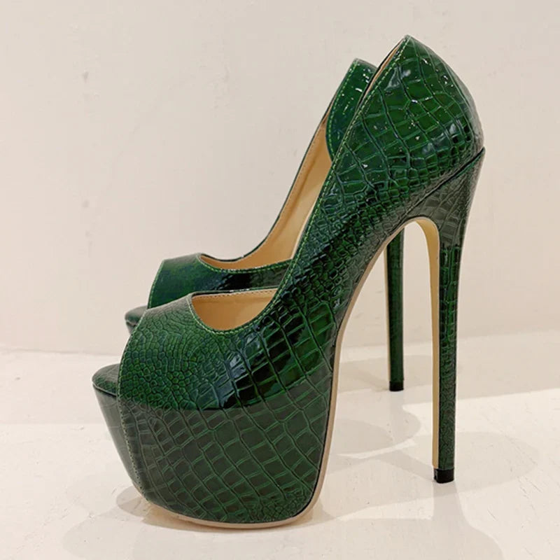 Green Snake Print Leather Platform Pumps Women Sexy Slingback Peep Toe Extreme High Heels Strip Pole Dance Shoes-Dollar Bargains Online Shopping Australia