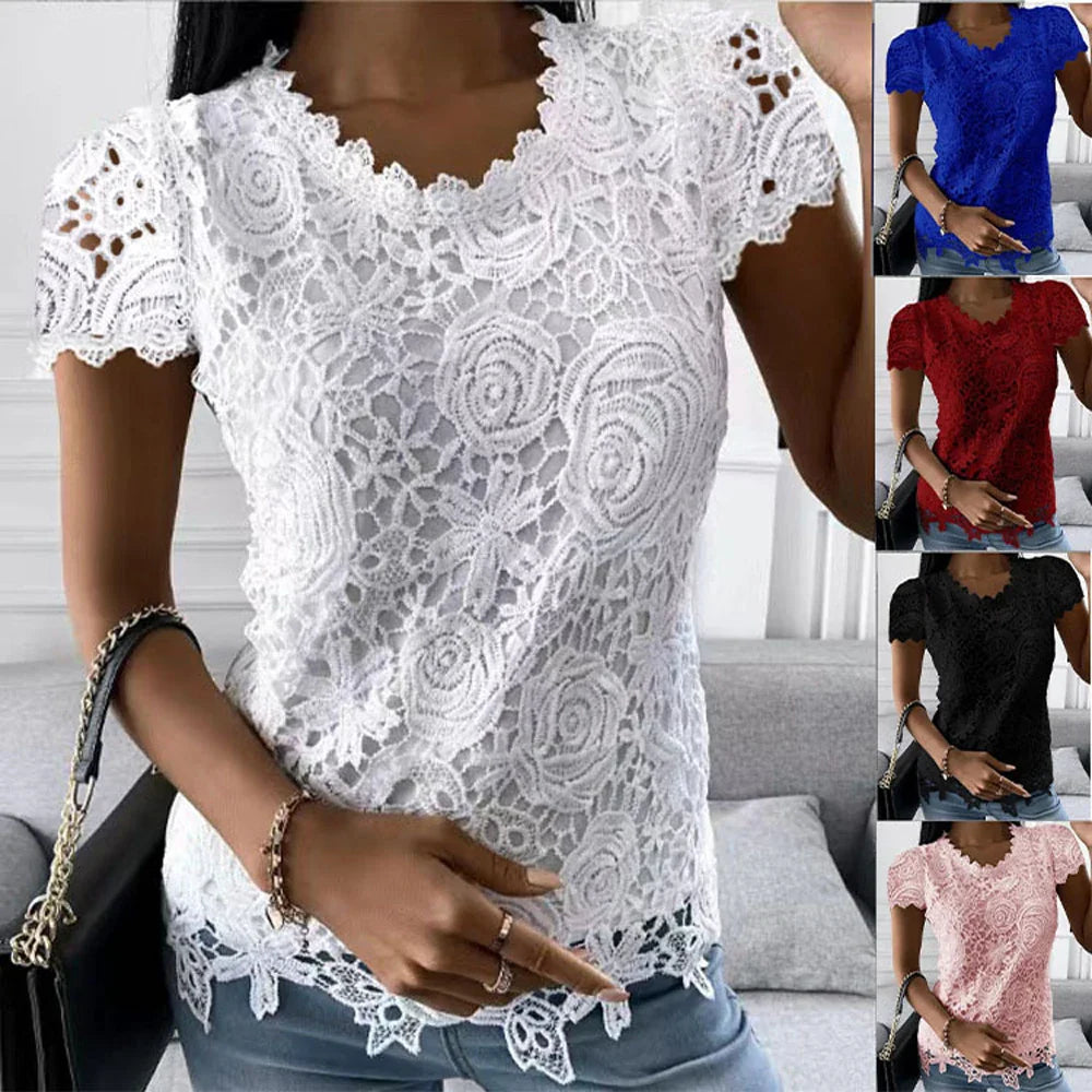 Women Lace Blouse Tops Summer V Neck Short Sleeve Lace Patchwork OL Blouse Shirts-Dollar Bargains Online Shopping Australia