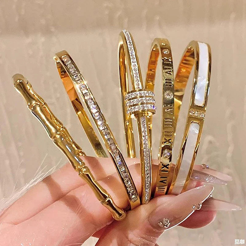 Golden Titanium Steel Non-Fade Bracelet Female Plain Ring Zircon Bracelet Light Luxury Niche Bracelet-Dollar Bargains Online Shopping Australia