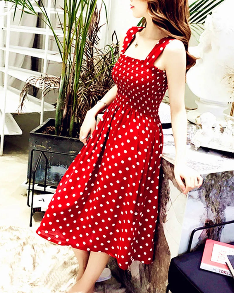 Beach Long Vintage Dots Casual Ruffles Elegant Maxi Strap Silky Dress Women