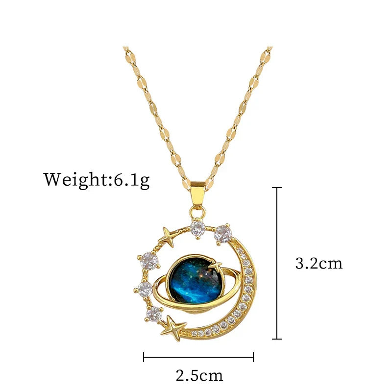 Stainless Steel Zircon Planet Star Pendant Necklace For Women Girl Elegant Aesthetic Clavicle Chain Necklace Jewelry Party Gift-Dollar Bargains Online Shopping Australia