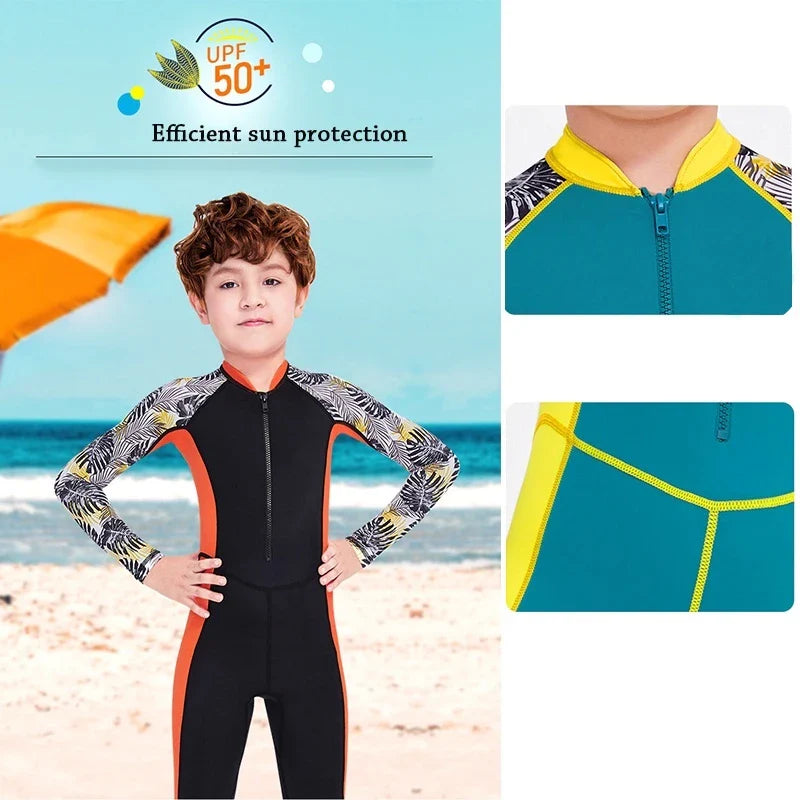 One-Piece Children Swimsuits Kid Swimwear Boys Long Sleeve Sun Protection (including swimming caps)