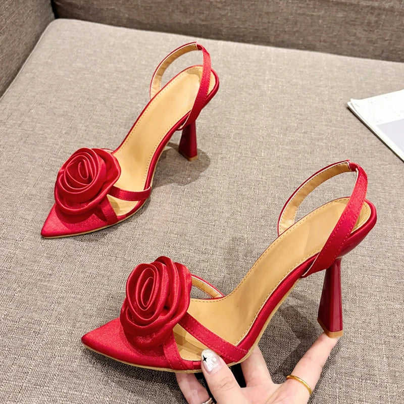 Silk Rose Flowers Pointed Open Toe Back Strap Sandals Women Red High Heels Wedding Prom Shoes-Dollar Bargains Online Shopping Australia