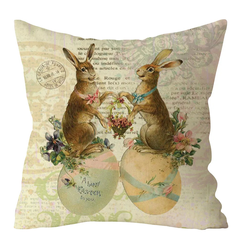 Spring Easter Home Decoration Cushion Cover Square Pillow Case Cartoon Rabbit  Egg Print