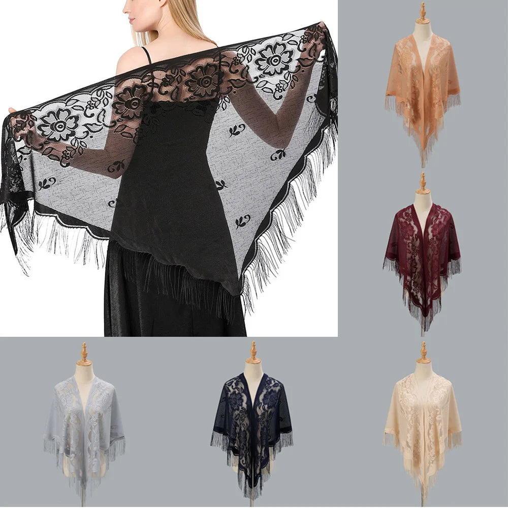 Women Lace Tassels Triangle Scarf Sheer Hollow Out Breathable Scarves Long Fringe Muslim Hijabs Solid Color Evening Dress Shawl