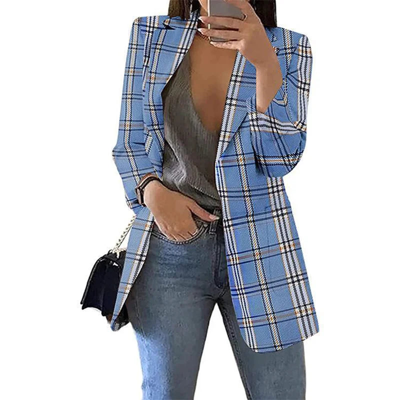 Autumn/Winter Fashion Women's Cardigan Collar Plaid Slim Fit Suit Coat