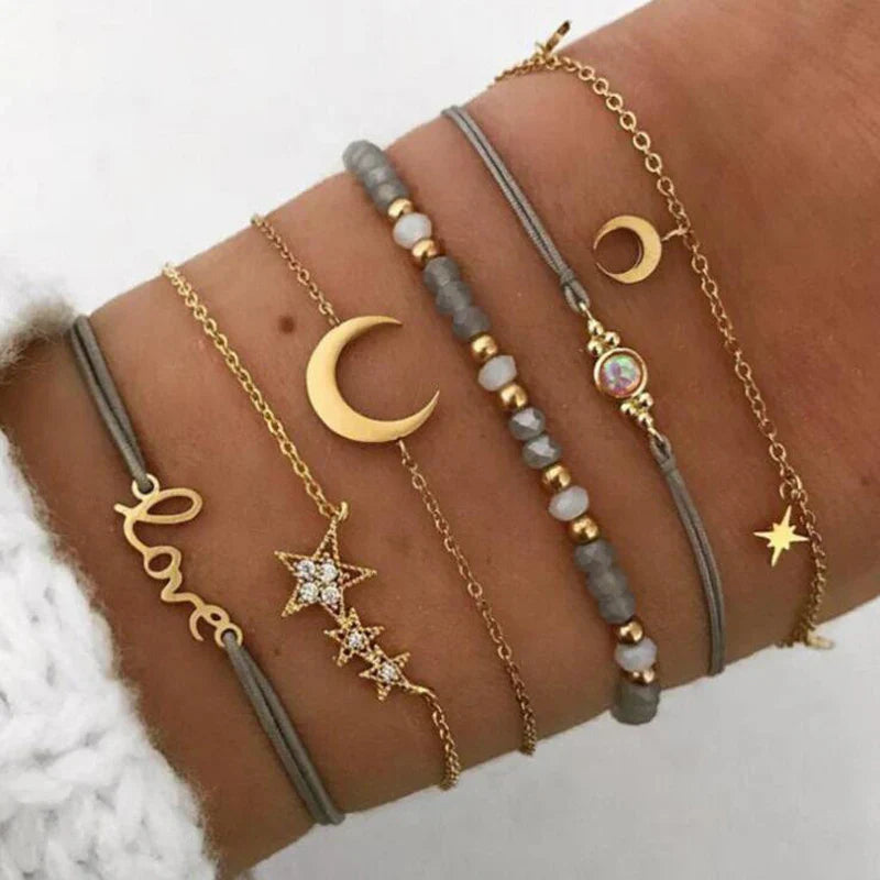 Tocona Boho Love Moon Bracelets for Women Charms Bead Gold Color Star Clear Crystal Stone Letter Rope-Dollar Bargains Online Shopping Australia