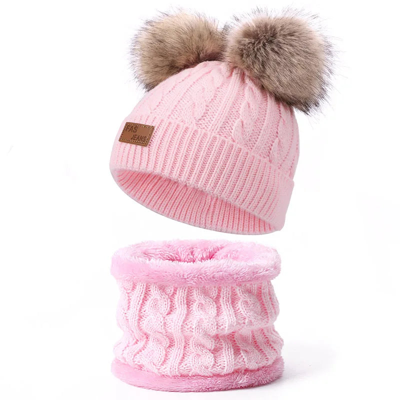 Warm Winter Baby Hats with Scarves for Kids Wool Pompom Baby Hat Children Bonnet Cap Boys Girls Knitted Scarf Gloves Beanie Caps-Dollar Bargains Online Shopping Australia