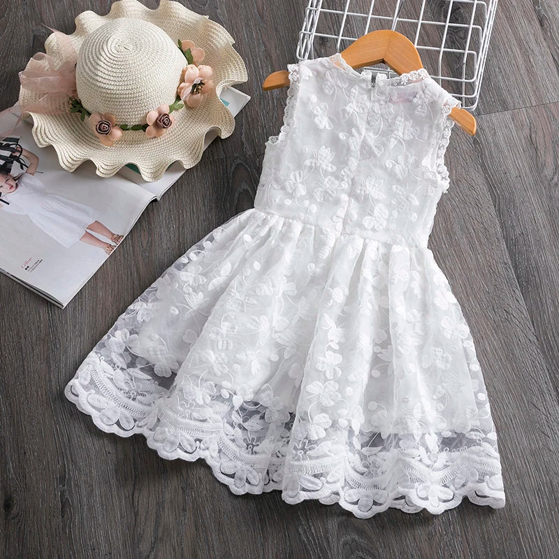 White Summer Flower Girls Dresses Birthday Wedding Evening Ball Gown Tutu Lace Floral Kids Dress