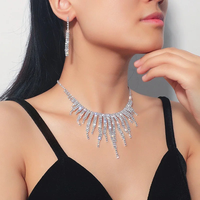 Geometric Rhinestone Necklace Earrings For Women Long Tassel Jewelry Sets Ladies Weddings Banquet Accessory-Dollar Bargains Online Shopping Australia