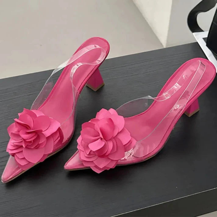 Women's Silk Flower Decorative Single Shoes Transparent PVC Pointed Slingbacks High Heels Party Dress-Dollar Bargains Online Shopping Australia