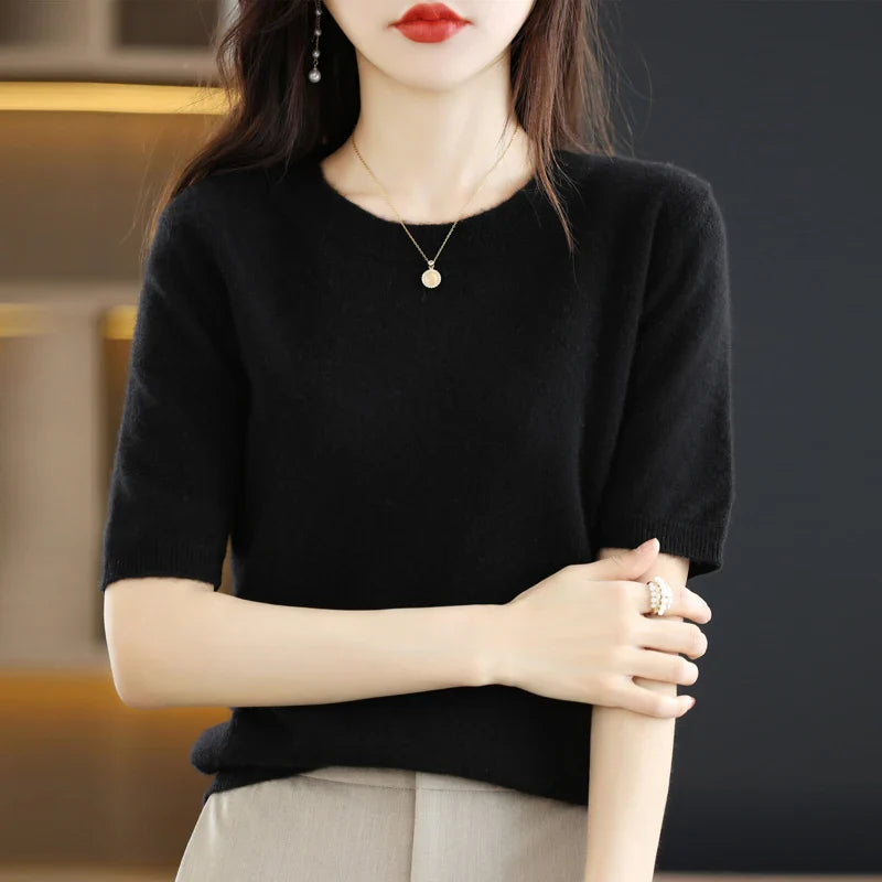 Spring and Summer New Short-sleeved Women O-neck Slim Wool Cotton Blend Pullover Vest T-shirt Knitted Base Sweater-Dollar Bargains Online Shopping Australia