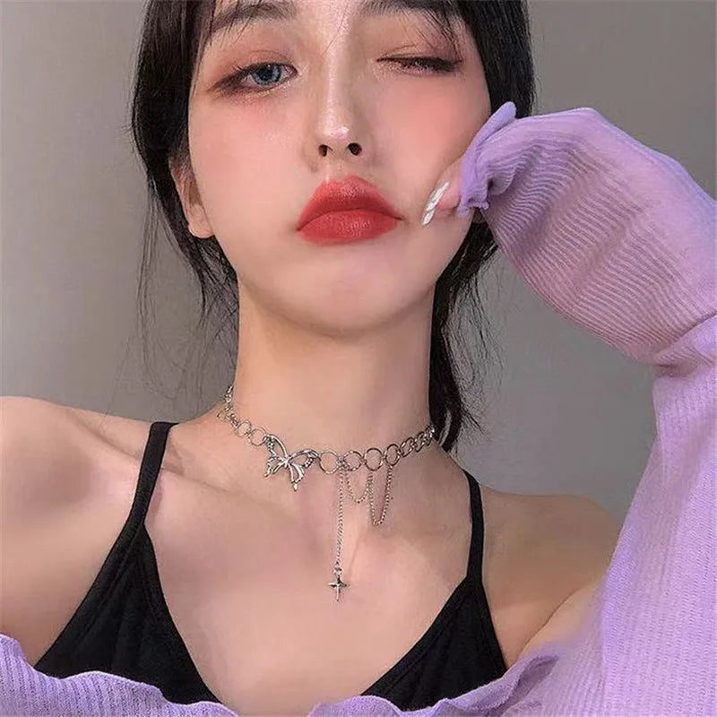 Simple Hip Hop Butterfly Tassel Choker Necklace For Women Teens Girls Punk Link Chain Necklace Party Daily Fashion Jewelry-Dollar Bargains Online Shopping Australia