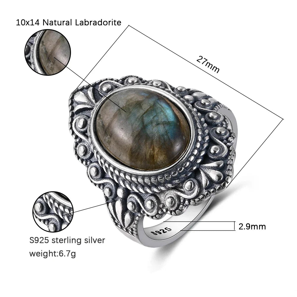 Oval Natural Labradorite Rings Women Men 925 Sterling Silver Ring Finger Ring Retro Gemstone Rings Jewelry Party Gift