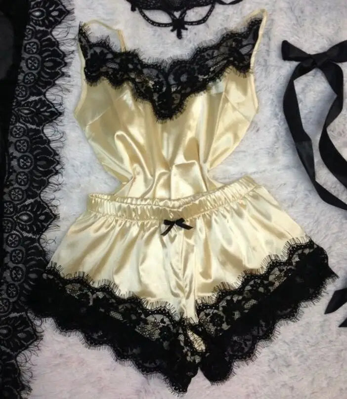 Women Bow Sleepwear Sleeveless Strap Nightwear Lace Trim Satin Cami Top Pajama Sets lingerie pyjamas women-Dollar Bargains Online Shopping Australia