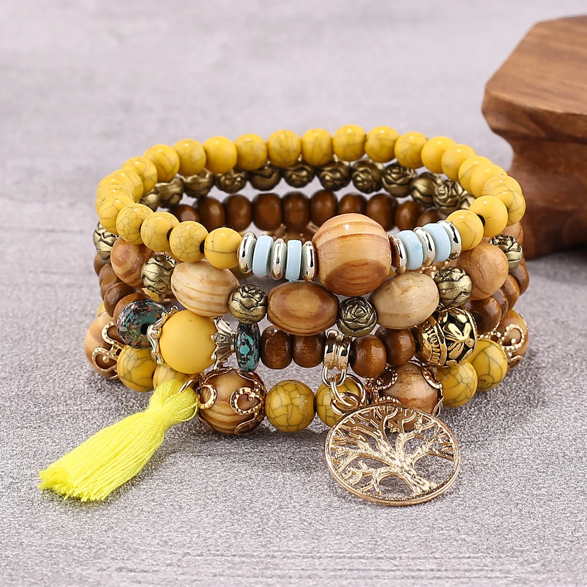 4Pcs/Set Boho Wooden Beaded Bracelet Set For Women Tree Of Life White Tassels Charm Elastic Chain Bangle Lady Bohemia Jewelry-Dollar Bargains Online Shopping Australia