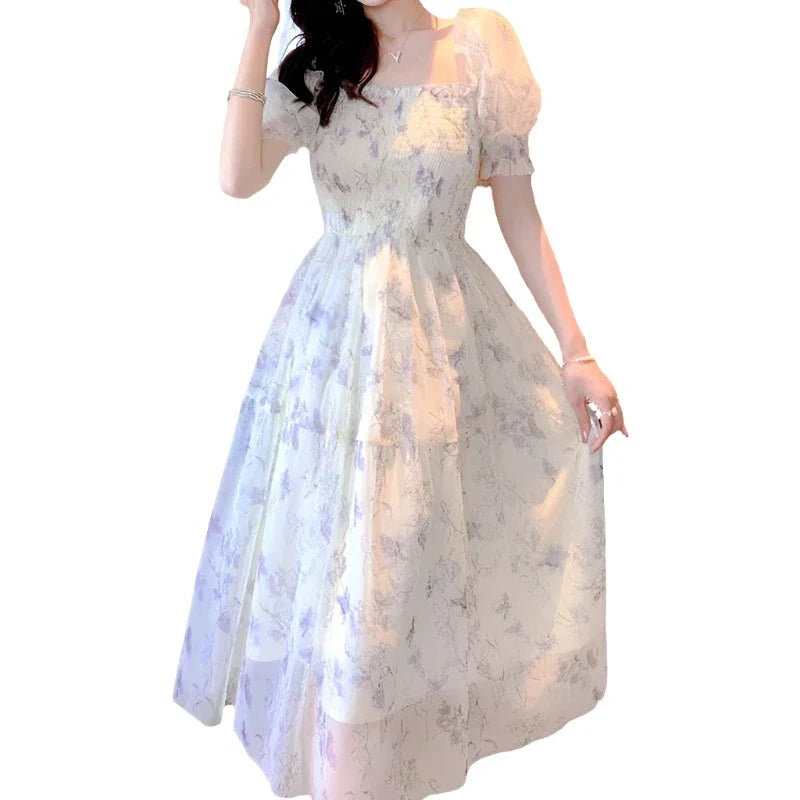 White Chiffon Long Dress Casual Floral Party Dress Elegant Short Sleeve Fairy Dresses Women-Dollar Bargains Online Shopping Australia