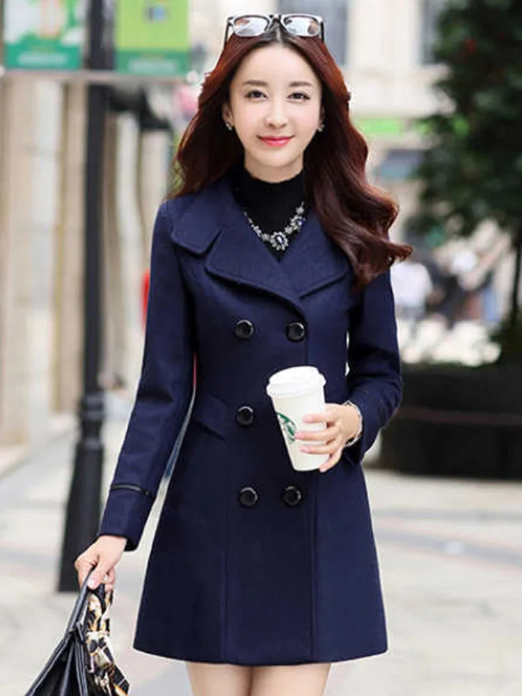 Jacket Women Double Breasted Solid Color Coat Korean Slim Female Woolen Jacket