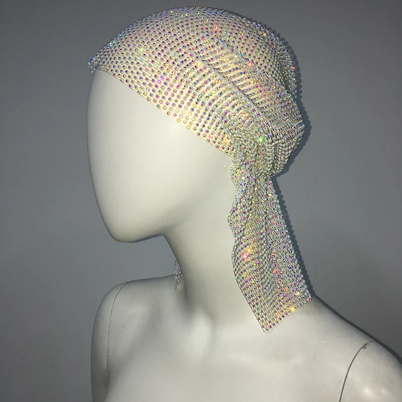 Fashion Women Bandana Hair Band Crystal Rhinestone Fishnet Headscarf Hip Hop Turban Hat Streetwear Muslim Scarf  Accessories