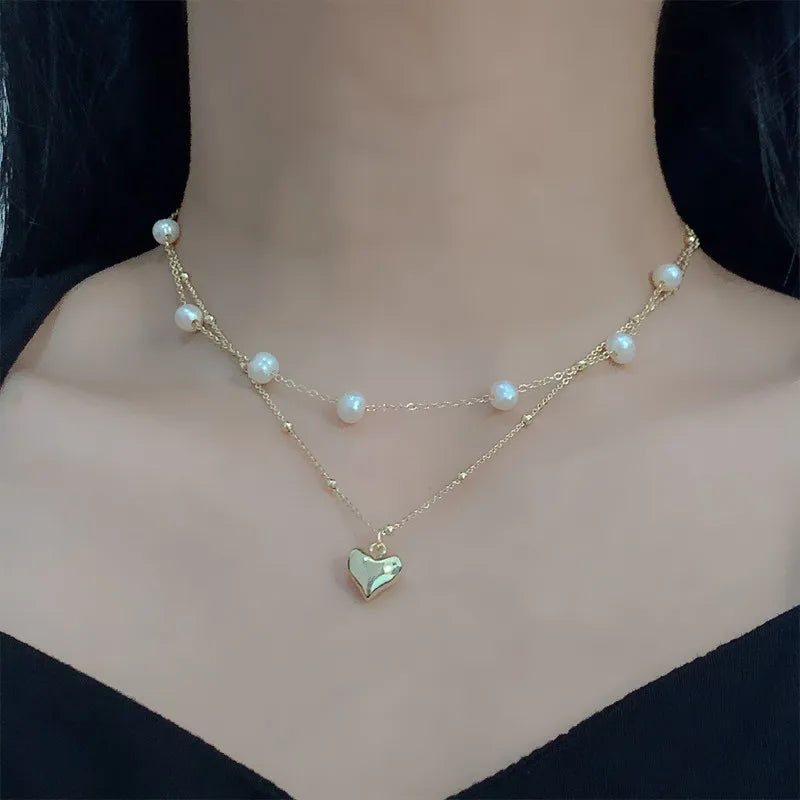 Exquisite Double-layer Pearl Love Pendant Necklace Women Jewelry Wedding Party