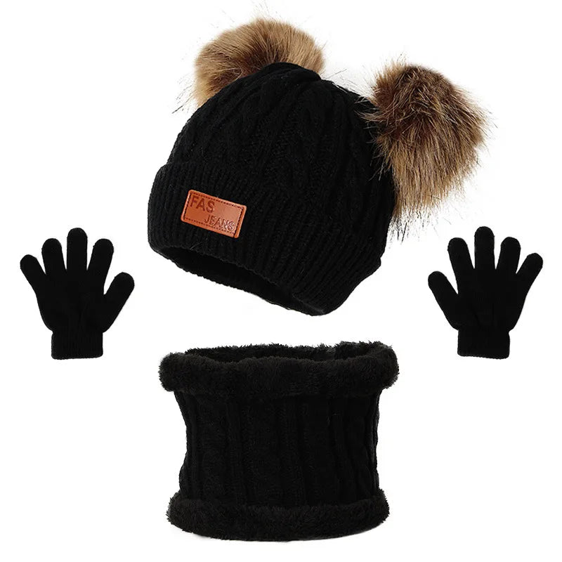Children Winter Warm Suits Knitted Hat Scarf and Gloves Set For Girls Boy Pompoms Baby Beanies Cap Christmas Gifts For Kids 1-5y-Dollar Bargains Online Shopping Australia