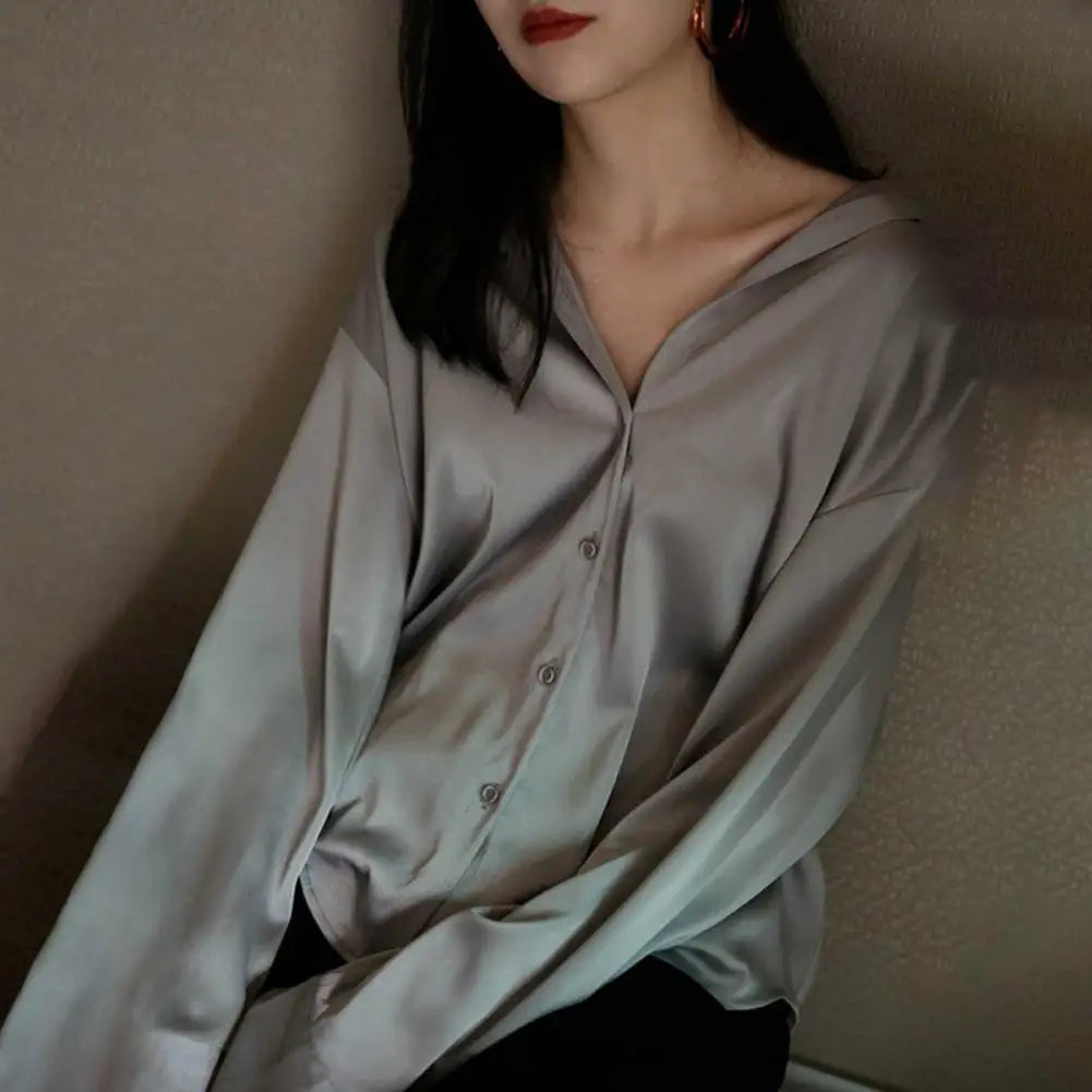 Women Shirt Formal Business Blouse Shirt Vintage Satin Silky Loose Long Sleeve Lapel-Dollar Bargains Online Shopping Australia