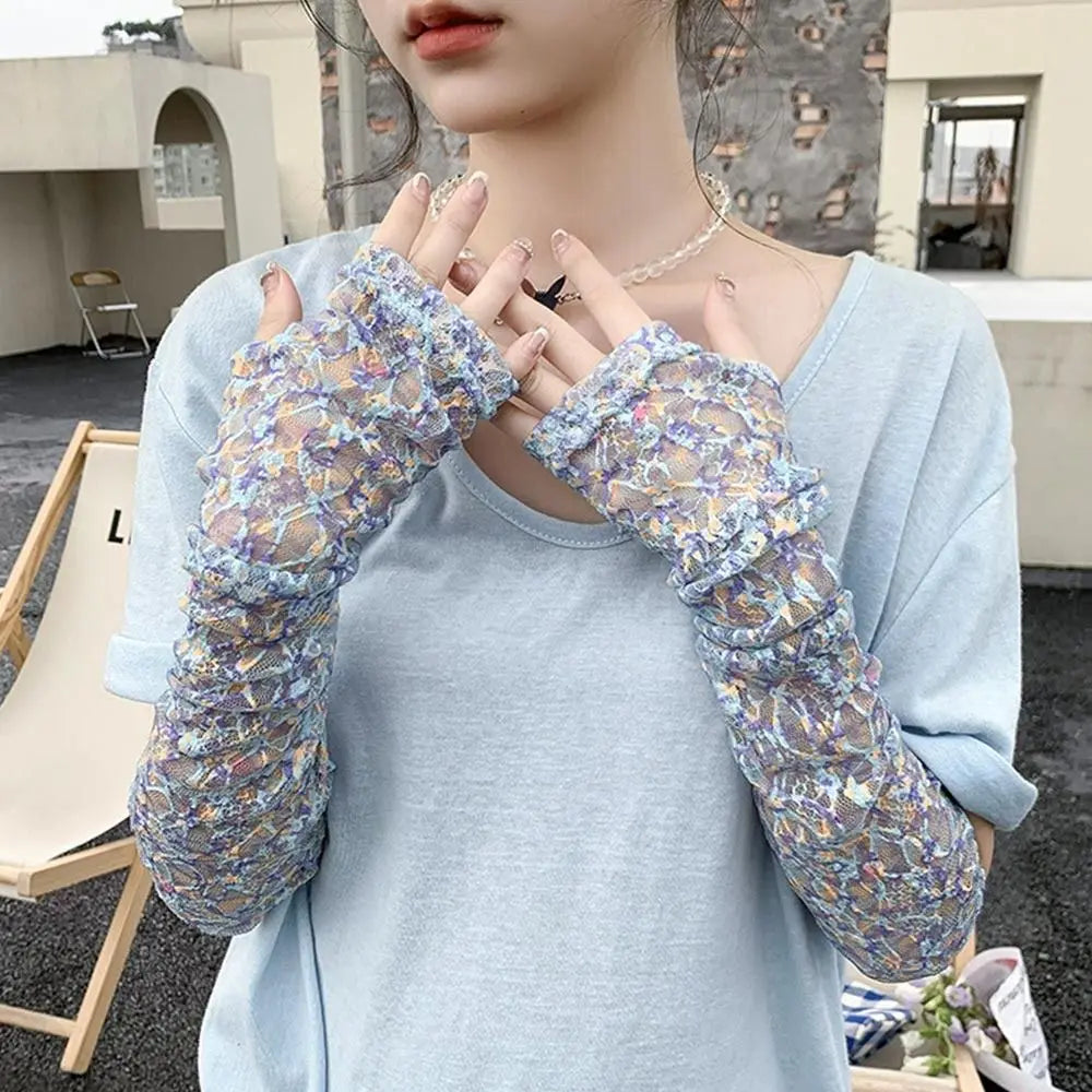 Lace Hollow-Out Long Gloves Women Summer Sun Protection Arm Sleeves Mesh Thin Cycling Mittens