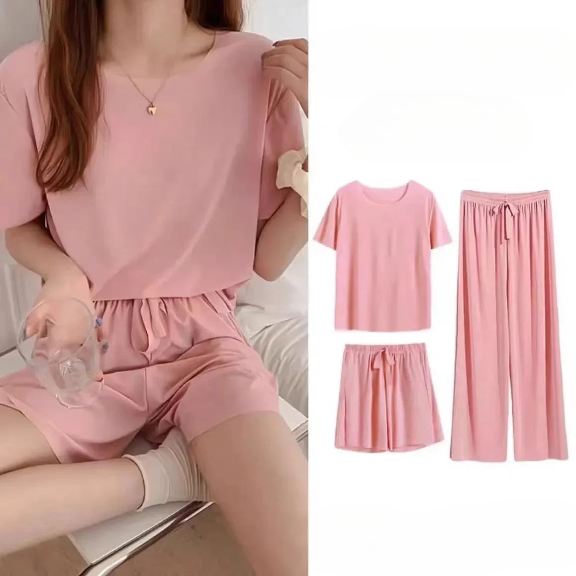 Pyjamas Ice Silk O Neck Thin Top With Elastic Waist Wide Leg Shorts And Long Pants Three Piece Set Sweet Casual Home Wear-Dollar Bargains Online Shopping Australia