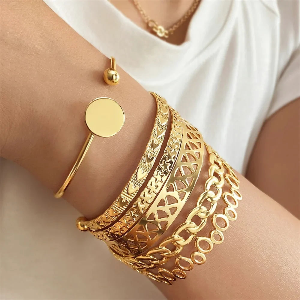 Geometric Engraved Flower Leaf Star Bracelet For Women Girl Fashion Metal Gold Color LOVE Letter Open Bracelet Bangle Gift