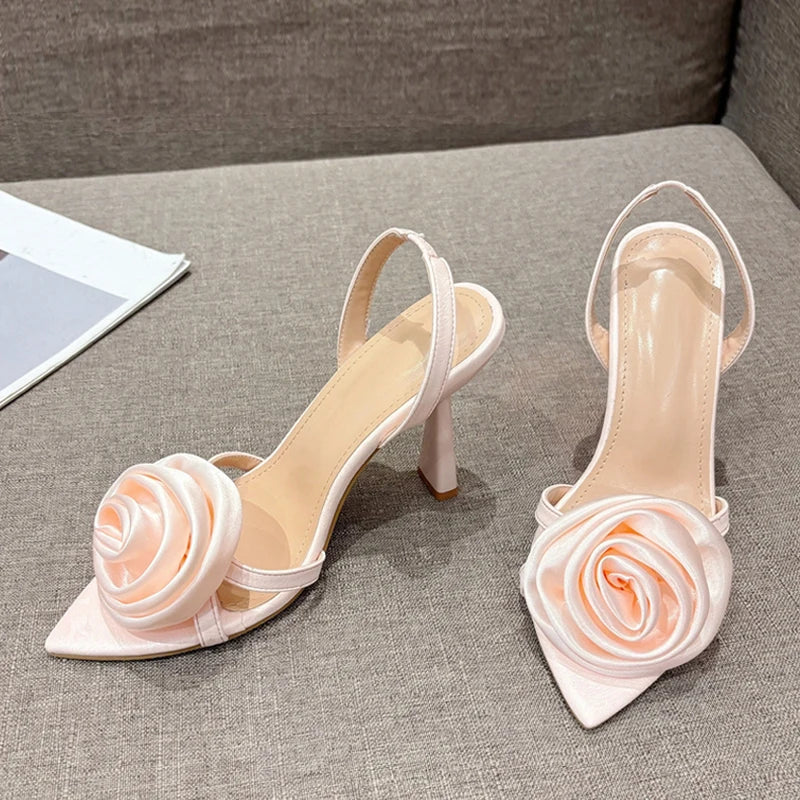 Silk Rose Flowers Pointed Open Toe Back Strap Sandals Women Red High Heels Wedding Prom Shoes-Dollar Bargains Online Shopping Australia