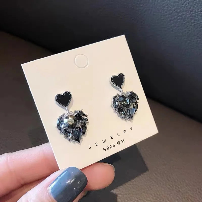 Women Black Rhinestone Love Earrings Delicate Sweet Earrings Women Party Birthday Gift Charm Jewelry Gift