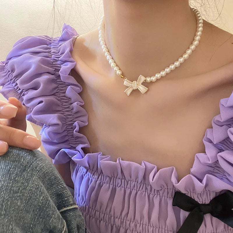 Wedding Party Pearl Bow Pendant Choker Necklace For Women Elegant White Imitation Pearl Chain-Dollar Bargains Online Shopping Australia