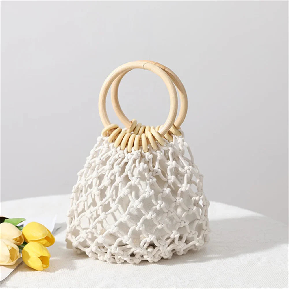 Summer Straw Woven Beach Bag Hollow Fishnet Handbag Women Shoulder Bags Rattan Ladies Purses Fashion Wrist Pack Bucket Tote-Dollar Bargains Online Shopping Australia