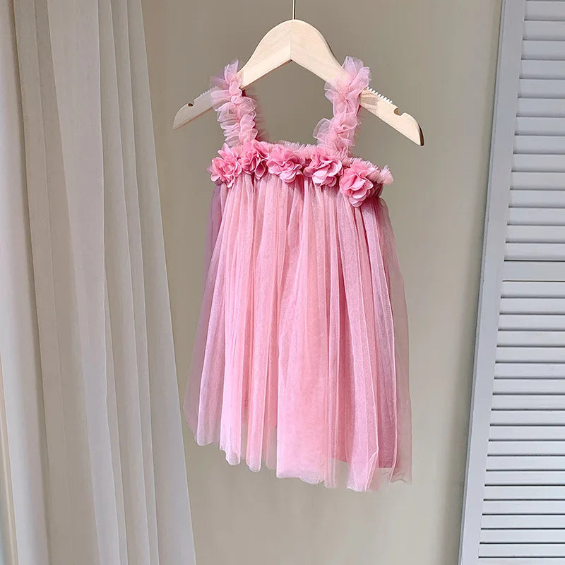 Kids Girl Dress 3D Flower Sling Sweet Beauty Children's Mesh Solid Color Baby Girls Beach Princess Fluffy Skirt-Dollar Bargains Online Shopping Australia