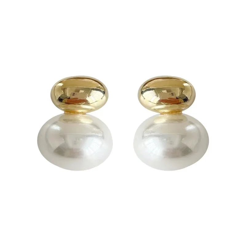 Elegant Gold Color Bean Spliced Flat Pearl Earrings for Korean Fashion Jewelry Party Women's Sweet Accessories