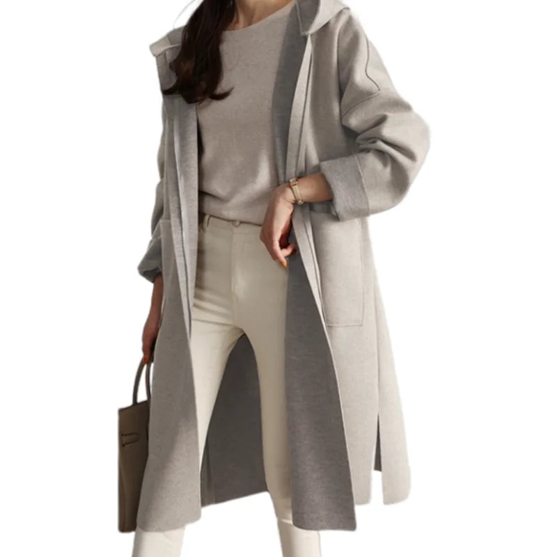 Plus-size Hooded Women's Windbreaker Casual Loose Turndown Collar Top Trenchcoat Laydies Woolen Overcoat For Spring Autumn S-3XL