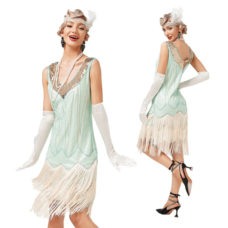 Great Gatsby Cosplay Costume 1920s Flapper Vintage V-neck Double Tasse