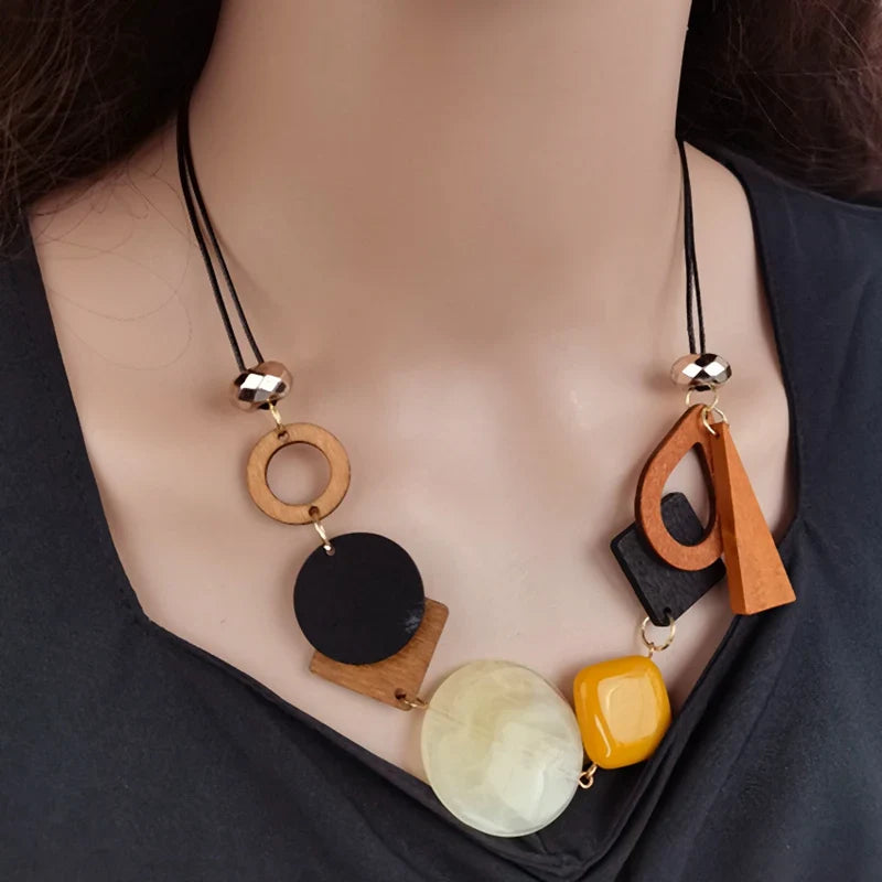 Vintage Wooden Geometric Pendant Necklace with Collar Handmade Ethnic Statement Bib Necklaces for Women Neck-Dollar Bargains Online Shopping Australia