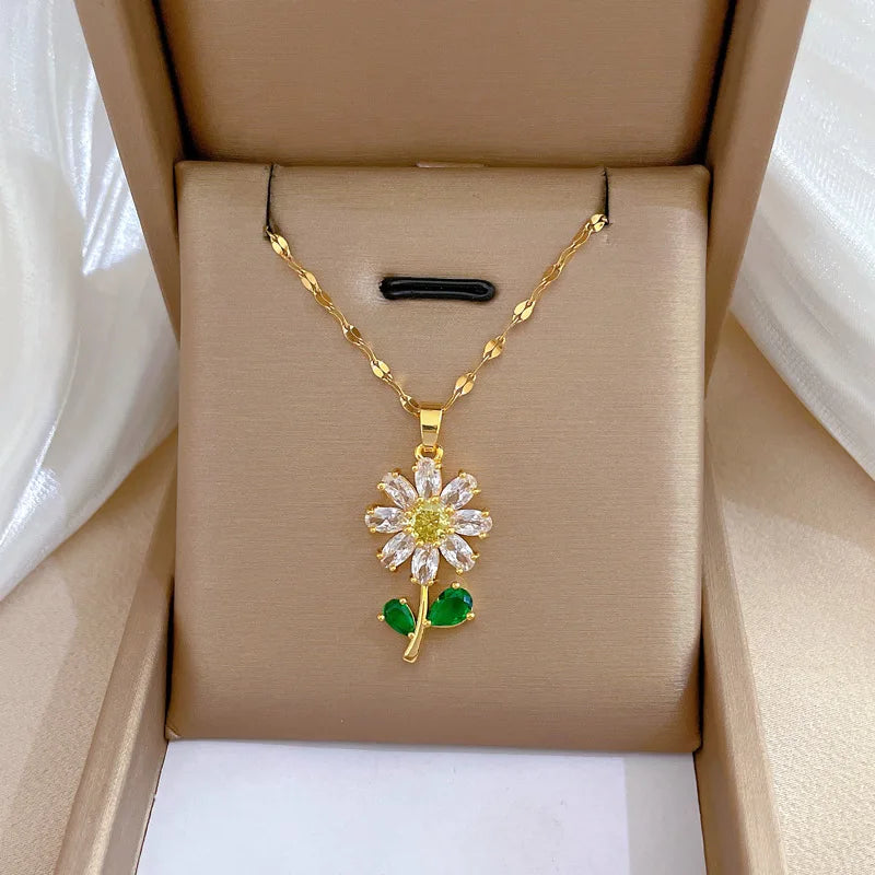 Fashionable Charming White Green Leaf Sunflower Necklace and Earrings Set Classic Retro Stainless Steel Party Wedding Jewelry-Dollar Bargains Online Shopping Australia