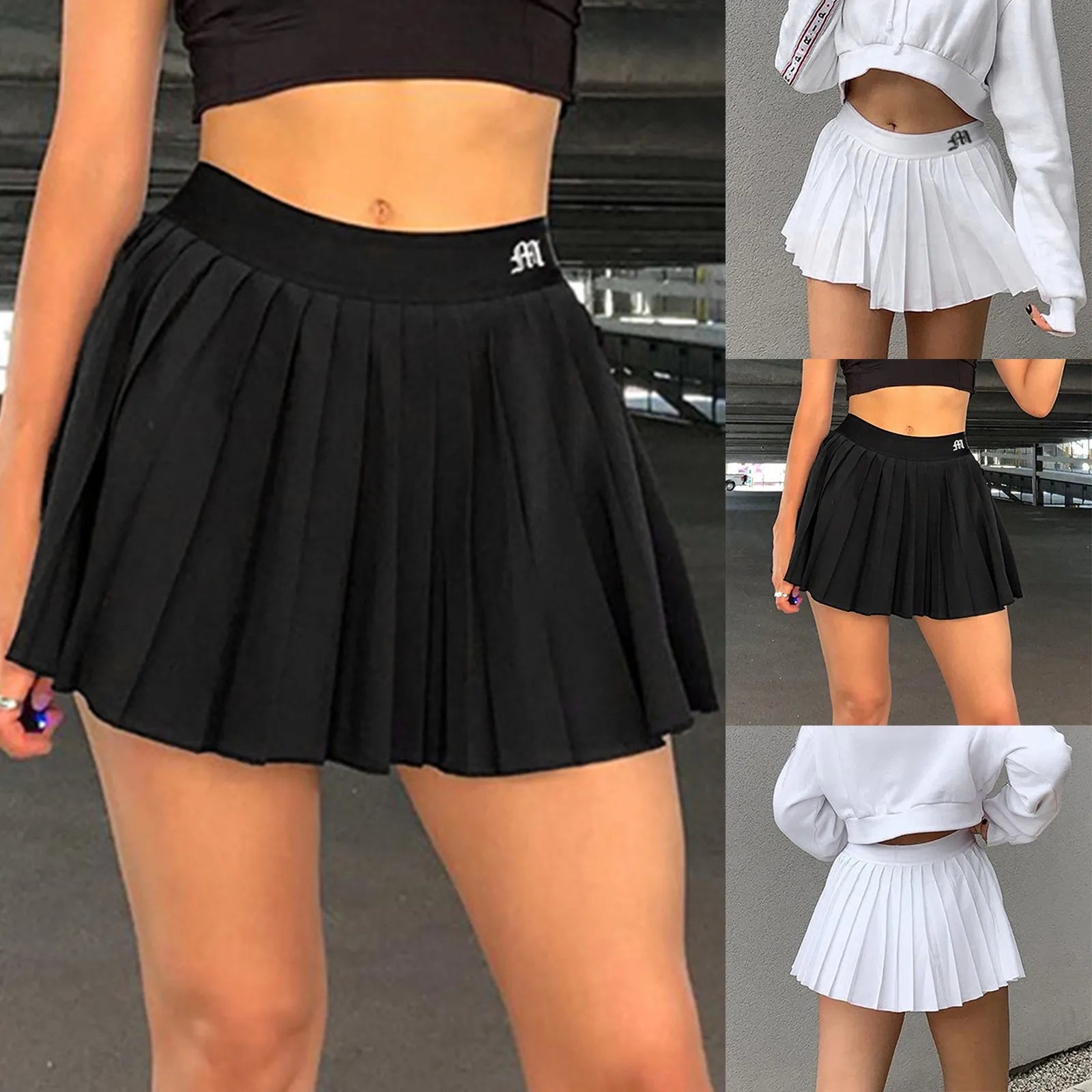 White Women Pleated Skirts Summer High Waist Zipper Girls Dancing Letters Mini Skirts Black Fashion Student A Line