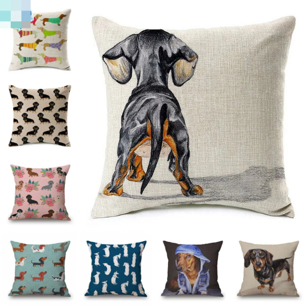 Dachshund Dog Cushion Covers Sausage Dog Painting Cotton Linen Decorative Pillow Covers Bedroom Sofa Home Decoration