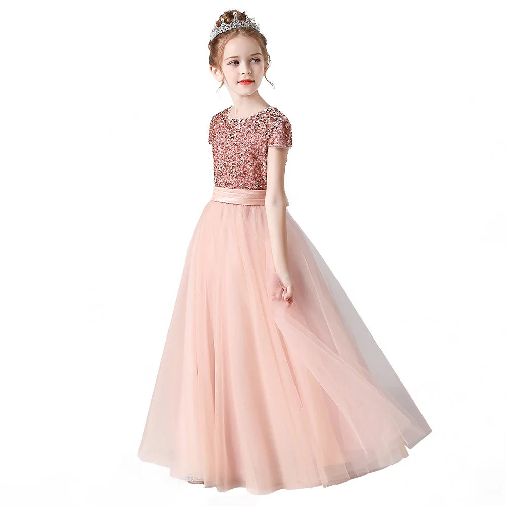 Sparkly Sequins Short Sleeves Flower Girl Dresses Tulle Kids Birthday Party Pageant Prom Gown Junior Bridesmaid-Dollar Bargains Online Shopping Australia