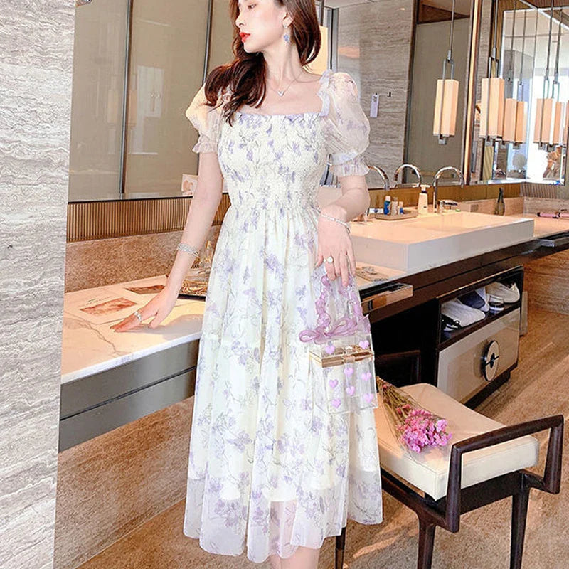 White Chiffon Long Dress Casual Floral Party Dress Elegant Short Sleeve Fairy Dresses Women-Dollar Bargains Online Shopping Australia