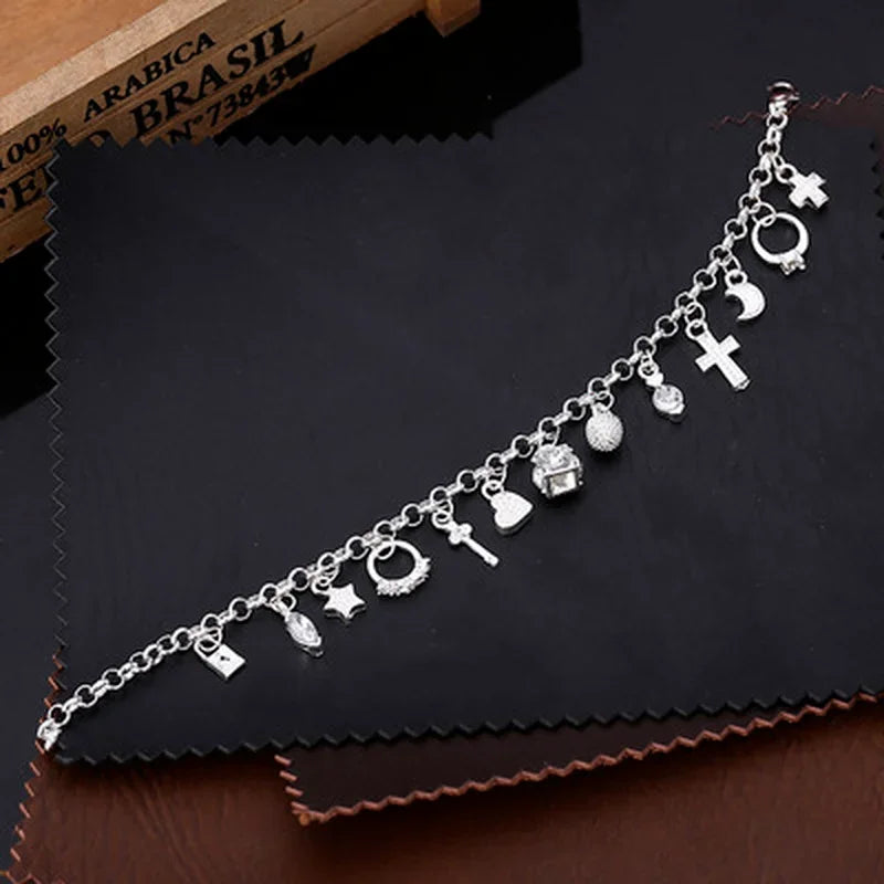 Sterling Silver Fashion 13pcs Pendant Chain Charm Bracelet for Women for Teen Girls Lady Gift Women Fine Jewelry
