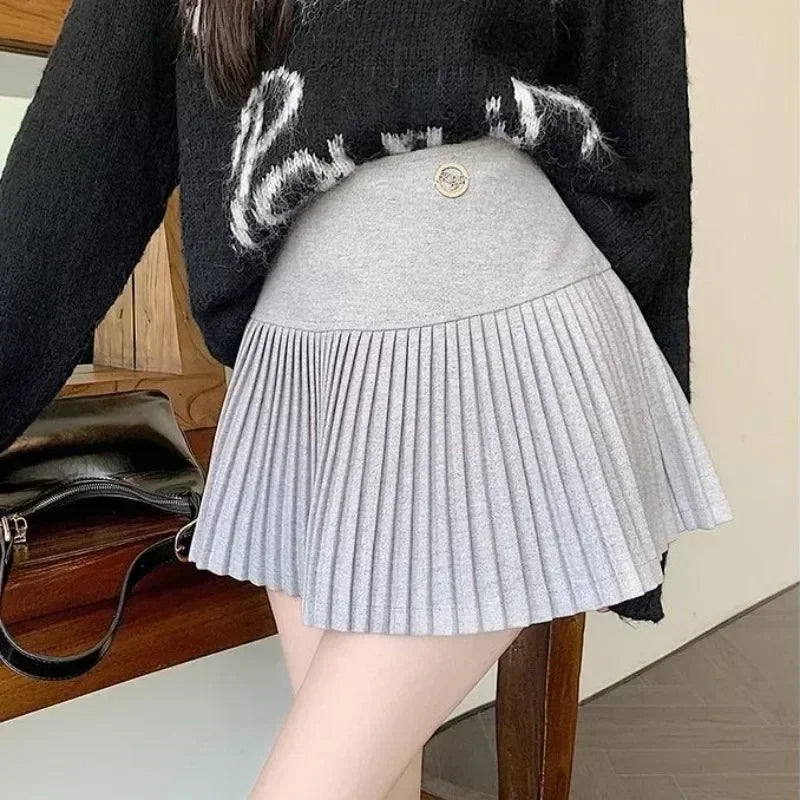 Woolen Pleated Skirt Women Korean Cute Sexy High Waist A-line coquette Extreme Mini Skirt Autumn Winter Vintage School