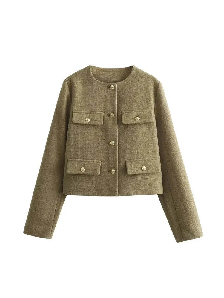 Flap Pocket Crop Jacket Women Vintage O Neck Long Sleeve Versatile Female Blazer-Dollar Bargains Online Shopping Australia